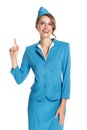 Portrait of charming stewardess wearing in blue uniform. Royalty Free Stock Photo