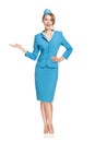 Portrait of charming stewardess wearing in blue uniform.