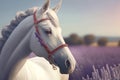 Portrait of a charming white horse with a red bridle, standing in a lavender field.