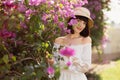 Portrait of a charming young woman in a white dress and straw hat standing near a blooming pink tree Royalty Free Stock Photo