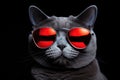 Portrait Chartreux Cat With Sunglasses Black Background