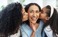 Portrait, cheek kiss and grandmother with family, daughter and granddaughter at home together. Face, love and care of Royalty Free Stock Photo