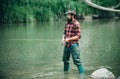 Portrait of cheerful bearded man fishing. Fun and relax. Fly fishing adventures. Hobby and sport activity. Portrait of Royalty Free Stock Photo