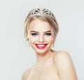 Portrait of cheerful beautiful woman with perfect hairstyle and diamonds diadem Royalty Free Stock Photo