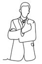 Portrait of a cheerful businessman dressed in suit showing thumbs up. Continuous line drawing. Isolated on the white