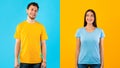 Portrait of cheerful couple posing on yellow and blue background Royalty Free Stock Photo