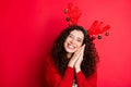 Portrait of cheerful funny funky brunette curly hair girl ready for christmas newyear party wait expect x-mas tradtion
