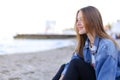 Portrait of cheerful girl who poses on camera and cute laughs si Royalty Free Stock Photo