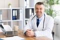 Portrait of cheerful mature doctor posing, smiling at camera Royalty Free Stock Photo