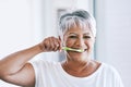 Early morning routines. Portrait of a cheerful mature woman brushing her teeth while looking at the camera at home. Royalty Free Stock Photo