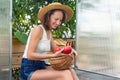 Portrait cheerful pretty happy smiling young female farmer enjoy hold in hand basket ripe tomato homegrown harvest local