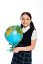 Portrait of cheerful schoolkid holding globe