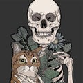 Portrait of a cheerful skeleton with his cat. Abstract illustration Royalty Free Stock Photo