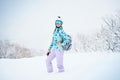 Portrait of cheerful skier girl in blue sweater and yellow helmet