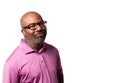 Portrait of a Cheerful smiling African American with purple shirt and black glasses on  white isolated background Royalty Free Stock Photo