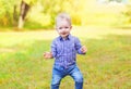 Portrait cheerful smiling boy child outdoors walking in sunny pa