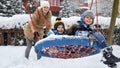 Portrait of cheerful smiling mother pushing her two sons swinging on swing at playground covered with snow. Fun and joy on winter Royalty Free Stock Photo