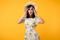 Portrait cheerful young asian woman happy smile dressing springtime female style fashion and sunglasses isolated on yellow Royalty Free Stock Photo
