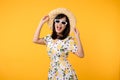 Portrait cheerful young asian woman happy smile dressing springtime female style fashion and sunglasses isolated on yellow Royalty Free Stock Photo