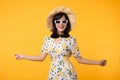 Portrait cheerful young asian woman happy smile dressing springtime female style fashion and sunglasses isolated on yellow Royalty Free Stock Photo