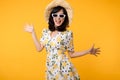 Portrait cheerful young asian woman happy smile dressing springtime female style fashion and sunglasses isolated on yellow Royalty Free Stock Photo