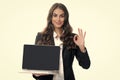 Portrait of a cheerful young casual girl standing isolated over gray background, using laptop computer. Business woman Royalty Free Stock Photo