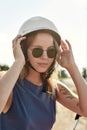 Portrait of cheerful young caucasian woman in helmet Royalty Free Stock Photo