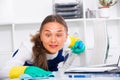 Female cleaner with duster Royalty Free Stock Photo