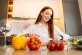 Portrait of cheerful young redhead woman cutting fresh tomato preparing food salad sitting at table in modern kitchen Royalty Free Stock Photo