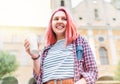 Portrait of cheerfully smiling Beautiful modern young female teenager with extraordinary hairstyle color in checkered shirt