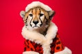 Portrait of a Cheetah Dressed in a Red Santa Claus Costume in Studio with Colorful Background