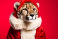 Portrait of a Cheetah Dressed in a Red Santa Claus Costume in Studio with Colorful Background