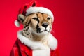 Portrait of a Cheetah Dressed in a Red Santa Claus Costume in Studio with Colorful Background