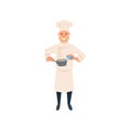 Chef in cooking process food. Cartoon man character seasoning spice into pan. Cook in traditional uniform with hat