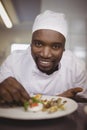 Portrait of chef garnishing meal on counter in commercial kitchen Royalty Free Stock Photo