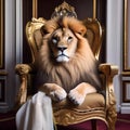 A portrait of a chic lion in an elegant robe and crown, reclining on a throne3