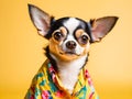 Portrait of a Chihuahua wearing a yellow Hawaiian shirt.