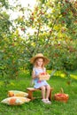 Portrait of child in apple orchard. Little girl in straw hat, striped dress, sits on bench holding basket with apples Royalty Free Stock Photo