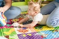 Portrait of a child with cerebral palsy on physiotherapy in a children therapy center. Boy with disability has therapy by doing Royalty Free Stock Photo