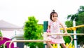 Portrait Child enjoying activity in a climbing adventure park on summer or spring. Royalty Free Stock Photo