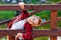 Portrait of a child in a park near a wooden railing. A boy in a red checked shirt looks out from behind the fence Royalty Free Stock Photo