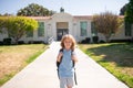 Portrait of child pupul with rucksacks in the park near school. Schoolboy with backpacks outdoors. School building