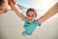 Portrait, child and sea fun swing in the air with happiness and parent on summer holiday. Happy, smile and vacation of a