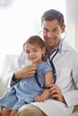 Portrait, child and stethoscope of pediatrician for healthcare consulting, check lungs and listening to heartbeat. Man Royalty Free Stock Photo