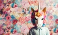 Portrait of a child wearing carnival mask of a unicorn against colourful background