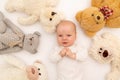 Portrait of a child on a white background with plush bear toys. Baby 6 months among toys. Space for text Royalty Free Stock Photo