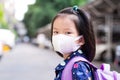 Portrait of child 4-5 years old. Student go to school in summer cause. Little girl wearing white face mask. Sweet smile kid.