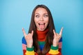 Portrait of childish playful crazy youth girl student fooling make horned symbol show tongue out wear style stylish