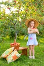 Portrait of children in an apple orchard. Girl in a straw hat and striped dress, holding a wicker basket with apples. Royalty Free Stock Photo