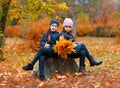 Portrait of a children in an autumn city park - happy people sitting and playing together on a stump, beautiful nature with yellow